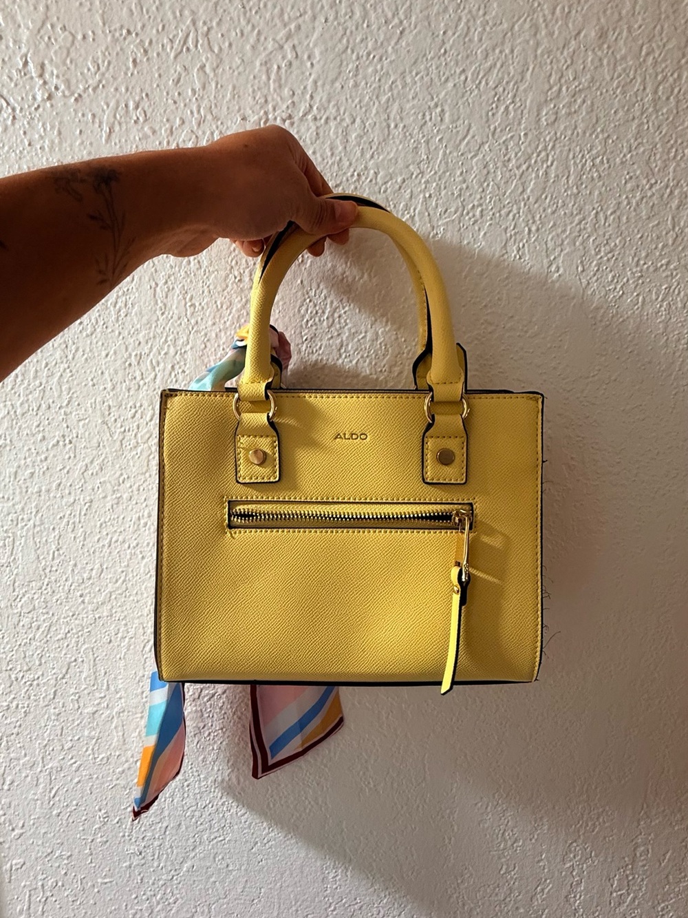 ALDO Yellow Saffiano Structured Satchel with Top Handles